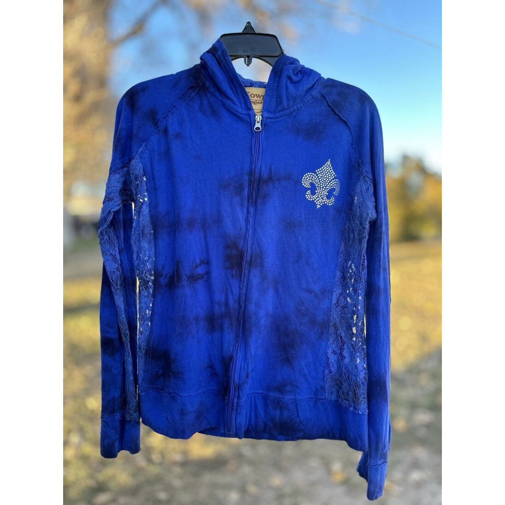 Cowgirl Legend Distressed Lace Hoodie Zip Jacket Womens Large Blue Lightweight - Picture 4 of 16